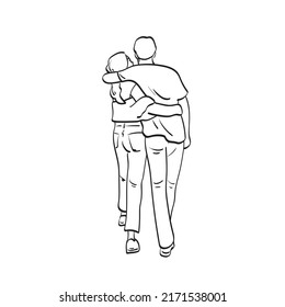 line art full length rear view of couple walking illustration vector hand drawn isolated on white background