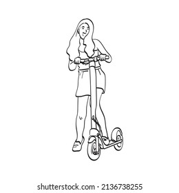 arte de línea mujer sonriente de larga duración usando la moderna ilustración de scooter eléctrico vectorial dibujado a mano aislado en fondo blanco
