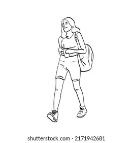 line art full length smiling woman walking with takeaway iced coffee in hand illustration vector hand drawn isolated on white background