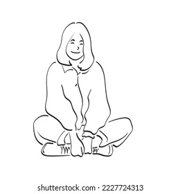 line art full length smiling woman sitting on the floor illustration vector hand drawn isolated on white background  