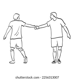 line art full length of soccer player with handshake after match illustration vector hand drawn isolated on white background