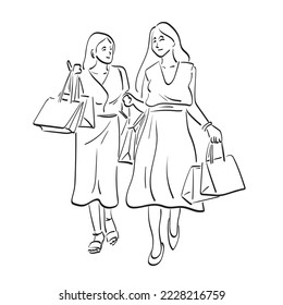 line art full length of two women with shopping bags illustration vector hand drawn isolated on white background