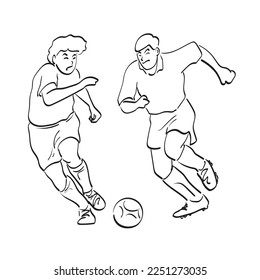 line art full length of two soccer players with ball illustration vector hand drawn isolated on white background