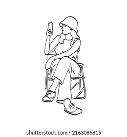 line art full length woman with hat using smartphone on chair illustration vector hand drawn isolated on white background