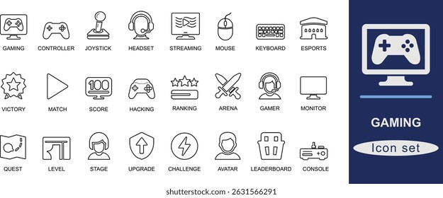 Line art gaming icons set. Featuring gaming essentials like controller, joystick, gamepad, headset, and monitor. Perfect for UI, apps, eSports, and tech designs.