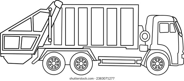 line art garbage truck, for coloring book