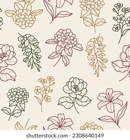 Line art garden flowers seamless pattern