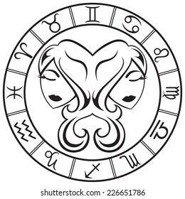 Line art  Gemini sign in the round zodiac frame. Vector Illustration  