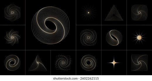 Line art geometric gold elements collection of various shapes. Abstract, futuristic geometric golden objects