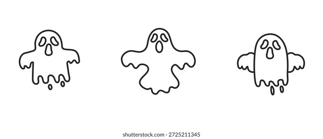 Fantasma de arte de línea flotando con bordes suaves: ilustración de espíritu de Halloween en blanco y negro, contorno fantasma espeluznante, dibujo minimalista aterrador, Vector aislado sobre fondo blanco
