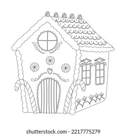 Line art gingerbread house decorated with sweets.Antistress coloring page for adults and children