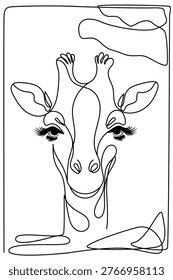 Line Art Giraffe Portrait. Wild Safari Savanna Animal Character. Curved Pen Stroke Drawn. Sketch Outline Giraffe Isolated on Background. Editable Wild Life Dotted Mascot Head Contour Frame