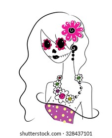 line art girl with creative makeup, sugar skull painted, Day of the Dead concept, Dia de los Muertos