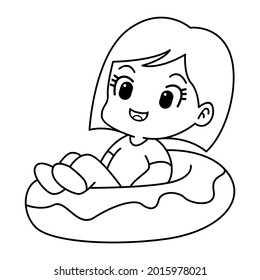 Line art girl with doughnut cartoon illustration