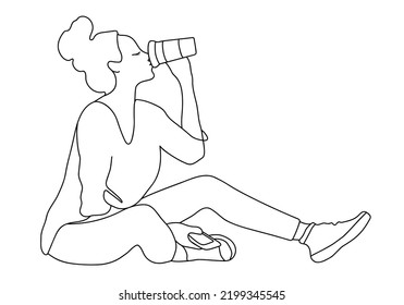 Line art Girl drinking coffee isolated on white background. Seated young girl drinking coffee. One continuous single drawn line art doodle woman girl drinks a hot drink
