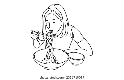 line art of girl eating Asian fast food noodle