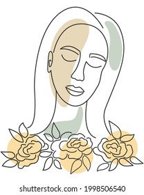 Line art girl face with flowers and leaves. Vector illustration of an outline of a woman. Simple lines, minimalistic style. Modern female image.