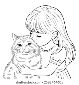 A line art a girl kisses a cat illustration of a coloring page