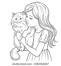 A line art a girl kisses a cat illustration of a coloring page