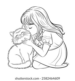 A line art a girl kisses a cat illustration of a coloring page