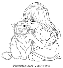 A line art a girl kisses a cat illustration of a coloring page