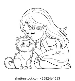 A line art a girl kisses a cat illustration of a coloring page