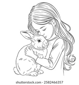 A line art a girl kisses a rabbit illustration of a coloring page