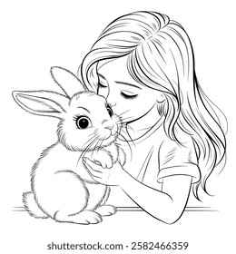 A line art a girl kisses a rabbit illustration of a coloring page