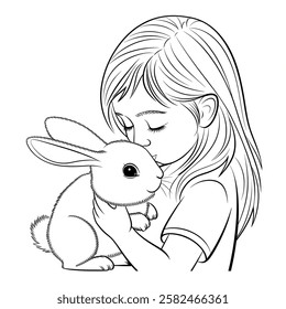 A line art a girl kisses a rabbit illustration of a coloring page