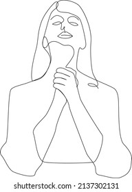 Line Art Girl praying, woman folded her hands in prayer silhouette one line drawing