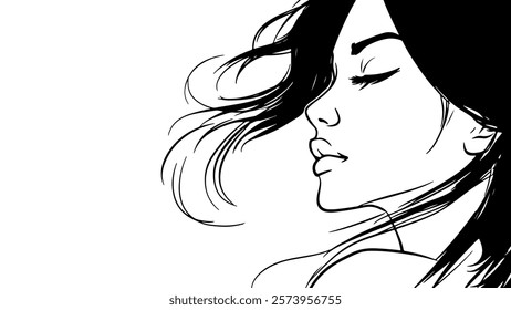 Line art girl profile portrait. Beautiful model cute young woman printable character brunette hair minimalistic vector illustration