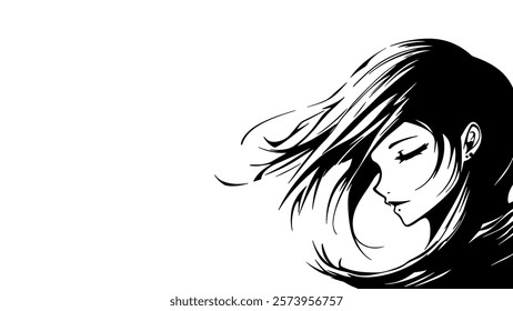  Line art girl profile portrait. Beautiful model cute young woman printable character brunette hair minimalistic vector illustration