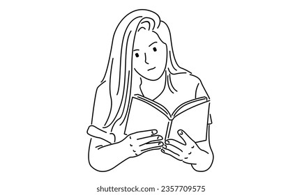 line art of girl reading book vector illustration
