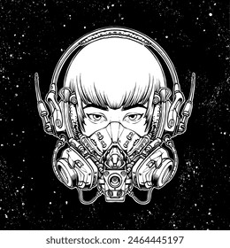 Liniengrafik eines Mädchens mit einer Zukunftsmaske in einer roboterartigen Illustrations-Vektorgrafik