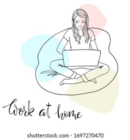 Line art. The girl works at home because of quarantine. Hand drawn sketch. Girl sitting in a chair with a laptop. Freelancer works from home. Lock down. Remote work. Everyone should stay home