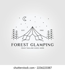 logotipo de glamping de arte en línea con luna en el diseño de ilustración vectorial de noche