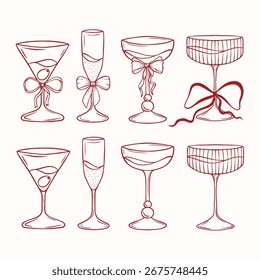 Line art glasses with bows, vector art collection