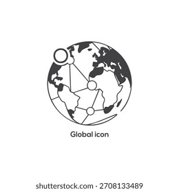 Line art ícone global vetor de nós de rede de mapa mundial para comunicação internacional e símbolo de geografia.