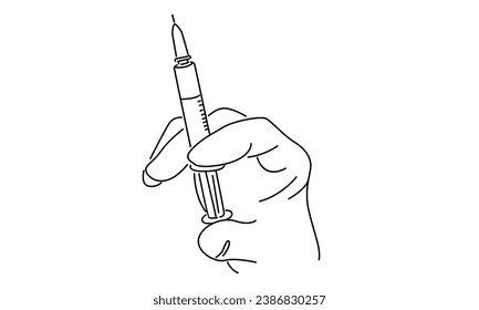 line art of gloved hand holding syringe