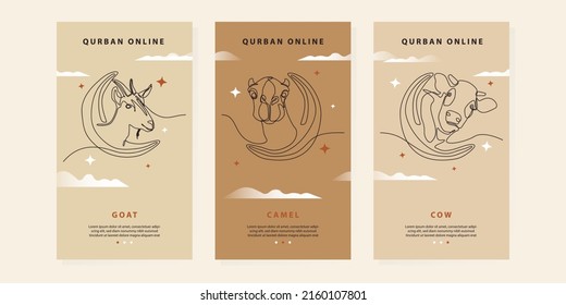 Line Art of Goat, Camel and Cow with Crescent Moon for Qurban Mobile App Page Onboard Screen Template.  Animal Sarification of Eid Al Adha Concept.