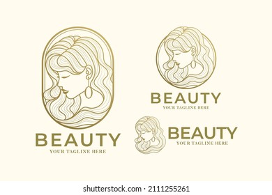 line art gold beauty woman logo template