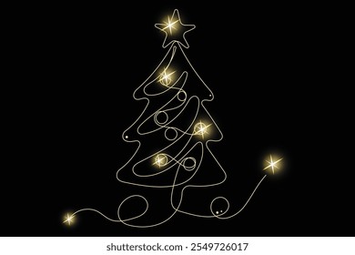 Line Art with Gold Glitter Stars. Luxury Rich Glamour Invitation Card. line Art Isolated on Black. Shine Gold Light Texture Effect. Glowing Blink Star Christmas Holiday Gift.