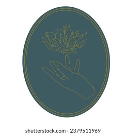 line art of gold striped hands and flowers in an oval circle, no background