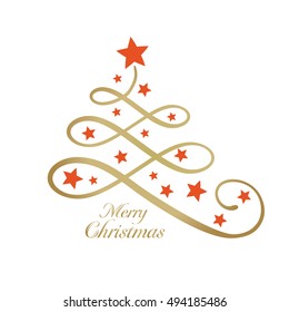 Line Art Golden Christmas Tree Made Of Loops And Decorated With Red Stars And The Wording Merry Christmas In Golden. Can Be Used As A Design Element Or On A Greeting Card.
