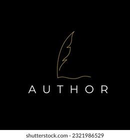 Line art golden quill signature logo design. Minimalist feather ink pen logo design inspiration