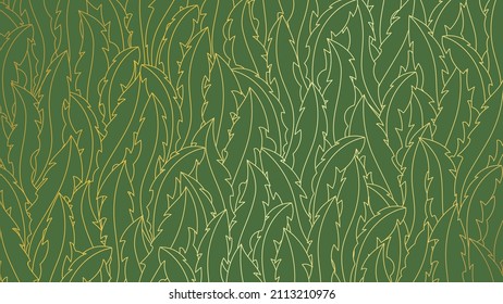 Line art golden wallpaper with dandelion leaves on emerald green background