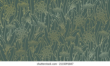 Line art golden wallpaper with dandelion leaves and flowers on gray background