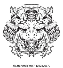 Line Art of Golden winged devils and death owls. Illustration that depicts a horned and fanged devil's head and above it is an owl