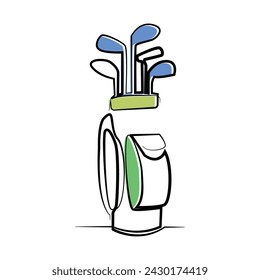 line art of golf bag.one line drawing of golf playing equipment.one line vector of golf bag containing several golf clubs