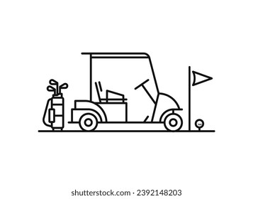 Line Art Golf Icons. Cart, Caddie Bag, Flag Hole Set Vector Illustration	